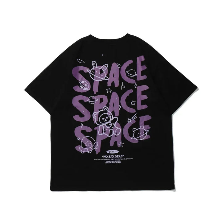 Camiseta feminina estampa urso grafite manga curta espaço grande camiseta solta estilo retrô harajuku casal camisa tops y2k