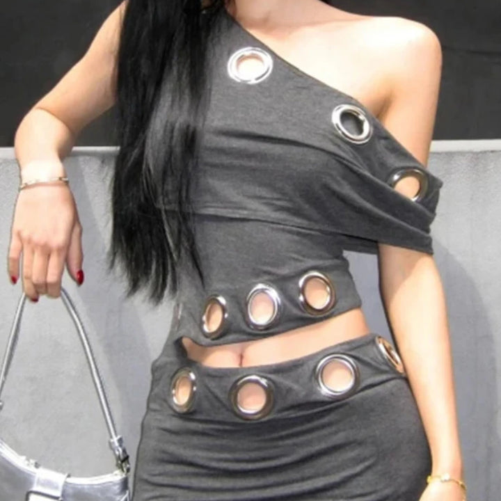 Vestido curto sexy feminino de um ombro só, com ilhós vazados, decoração bodycon, design slim fit, Y2K, festa de clube, roupa de dormir, roupa de verão 2025