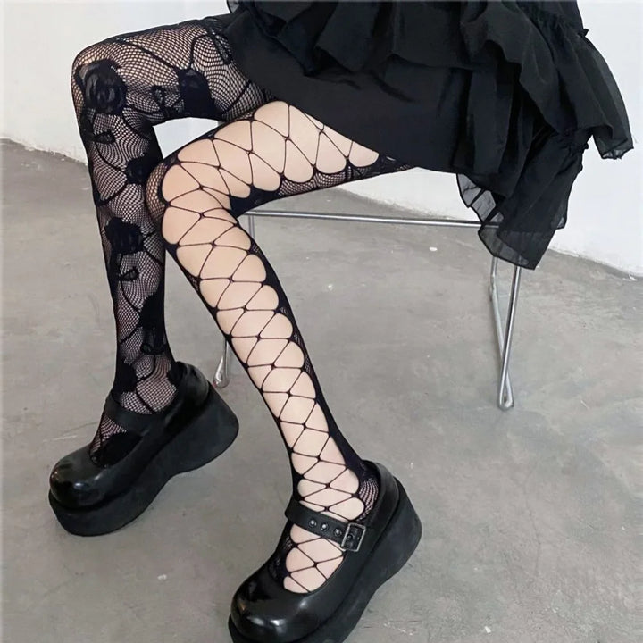 Meias femininas sensuais de malha alta na coxa, meias de malha JK Lolita Punk, para meninas, meias arrastão ocas, meia-calça de nylon Y2K