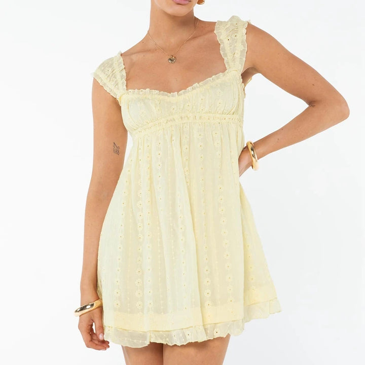 Vestido Babydoll Feminino Sem Costas Jacquard Ilhós Babado Bainha Vestido Vintage Renda Decote Quadrado Babado Busto Cintura Alta A-Line Vestido de Verão