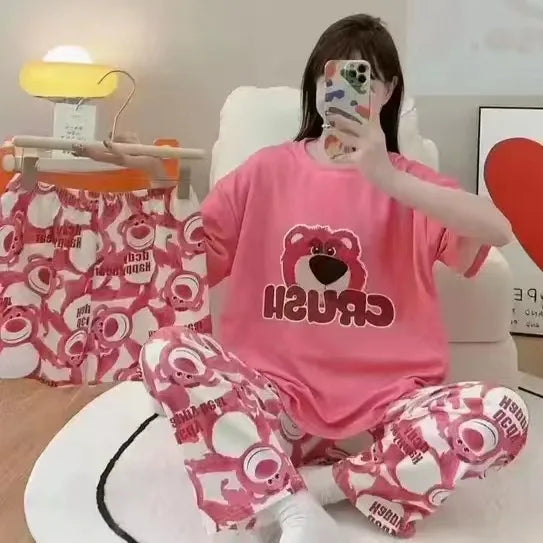 Conjunto de pijamas femininos novos de três peças para casa, pijamas fofos, desenho animado, lazer, conjunto de pijamas femininos para casa
