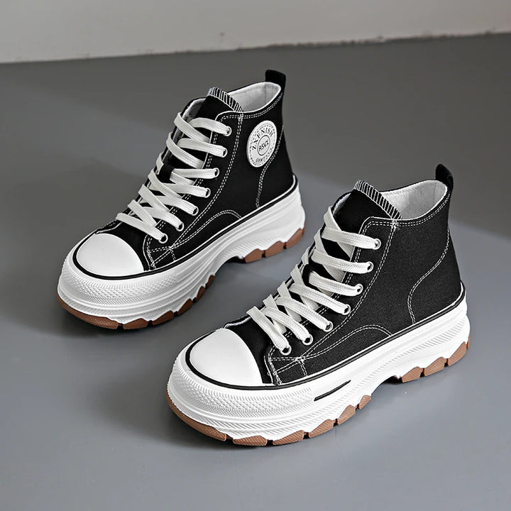 Tênis feminino cano alto com cadarço casual plataforma altura lona antiderrapante resistente ao desgaste 2024 primavera sapatos vulcanizados femininos
