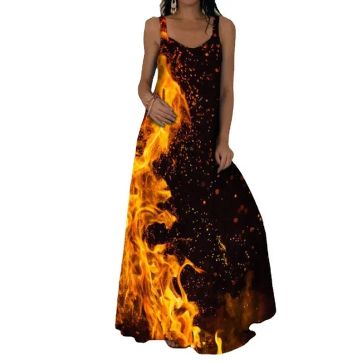 Vestido feminino elegante com estampa de chamas sem mangas, vestido longo casual de verão com estampa