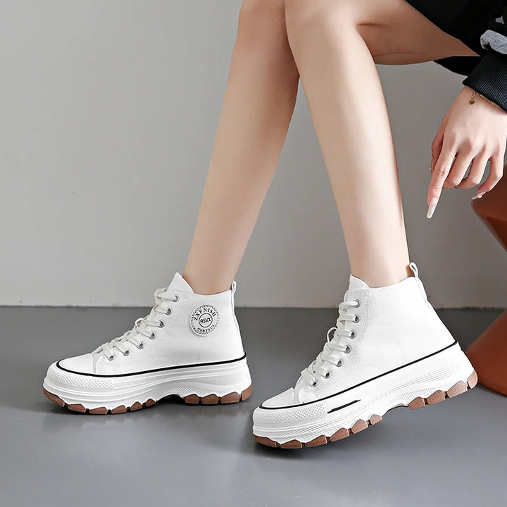 Tênis feminino cano alto com cadarço casual plataforma altura lona antiderrapante resistente ao desgaste 2024 primavera sapatos vulcanizados femininos