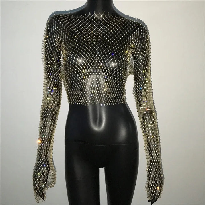 Camiseta feminina sexy de malha transparente com strass brilhante, arrastão, top curto com manga comprida, saída de praia, regata para festa e clube
