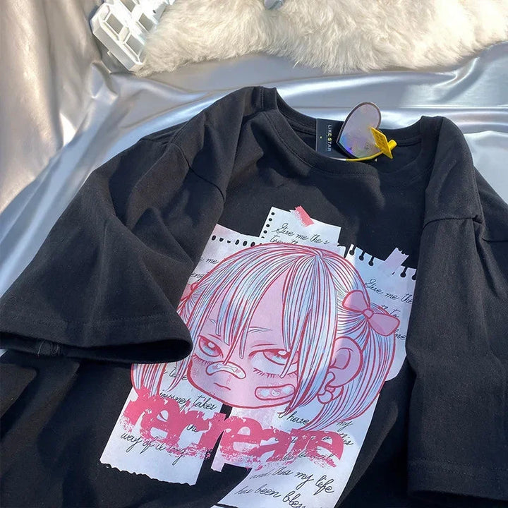 Camiseta feminina estampa de frutas Harajuku camiseta solta manga curta fofa kawaii camiseta grande roupas Y2k top anime camiseta gráfica