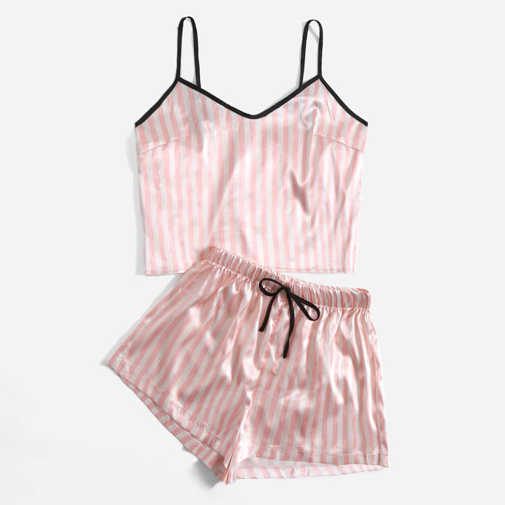 Conjunto de pijama listrado sexy feminino, novo conjunto de pijamas de 2 peças, pijama de cetim de seda, top e shorts para mulheres