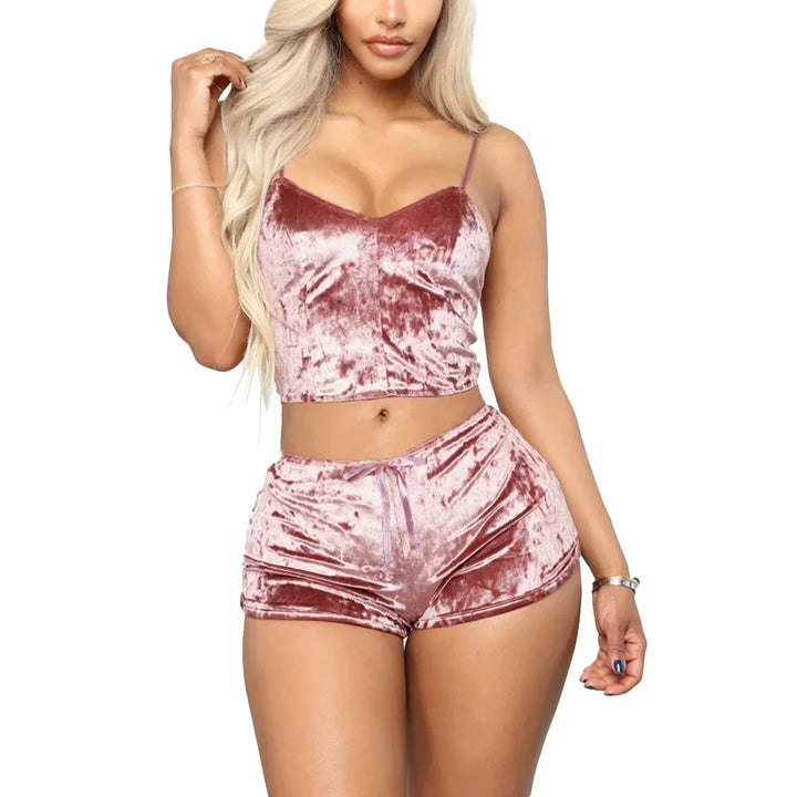 Conjunto de lingerie sexy feminina, roupa de dormir brilhante com óleo, supermacia, curta, sem mangas, top curto, shorts sólidos, conjunto de pijamas, roupa casual