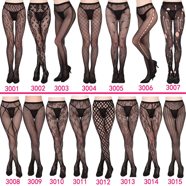 Meias-calças femininas sexy arrastão, trama jacquard, sem costura, fios, ligas, malha de peixe, meias pretas, aranha, renda gótica