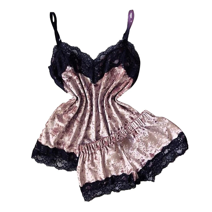 Pijama feminino, moda, decote em V, cetim elástico, babydoll, renda, lingerie sexy, laço, pijama, shorts, conjunto de 2 peças, roupa de dormir