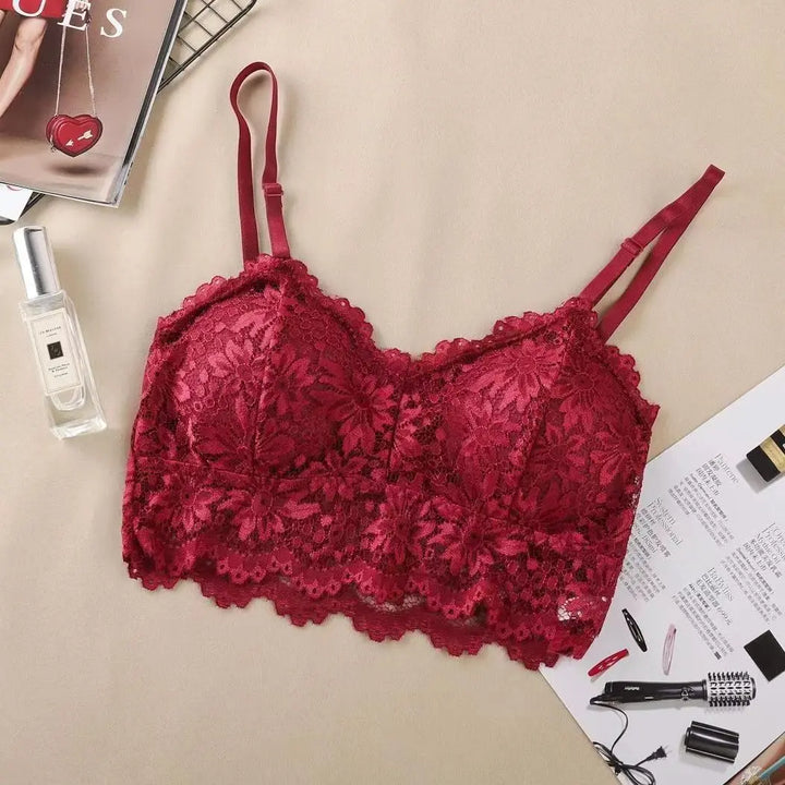 Sutiãs de renda com flores femininos, top confortável, bralette, cor sólida, roupa íntima sexy, colete, feminino, vazado, lingerie sem fio, sutiã sem costura