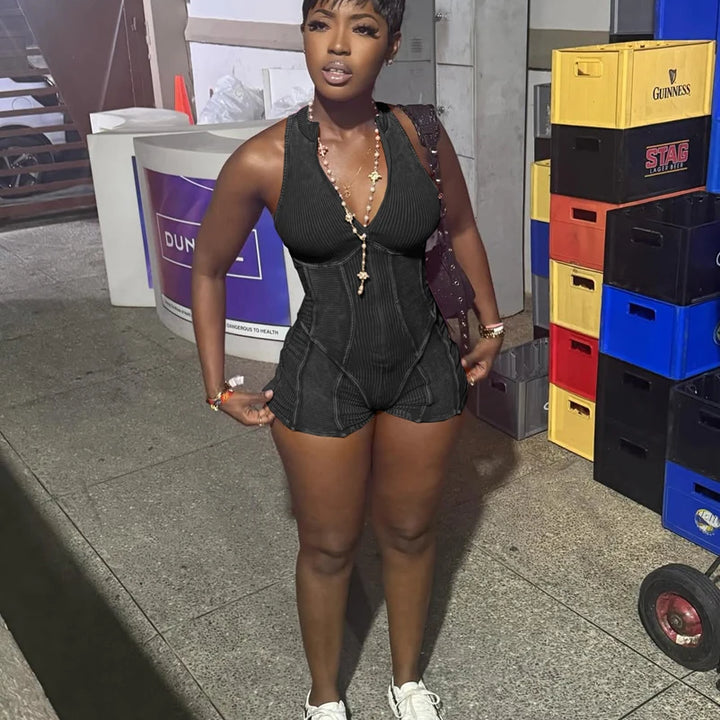 Mulheres Ribbed 1 Peça Macacão 2025 Verão Casual Lavado Retro Playsuits Roupas de Rua Sexy V Neck Sem Mangas Bodycon Macacões