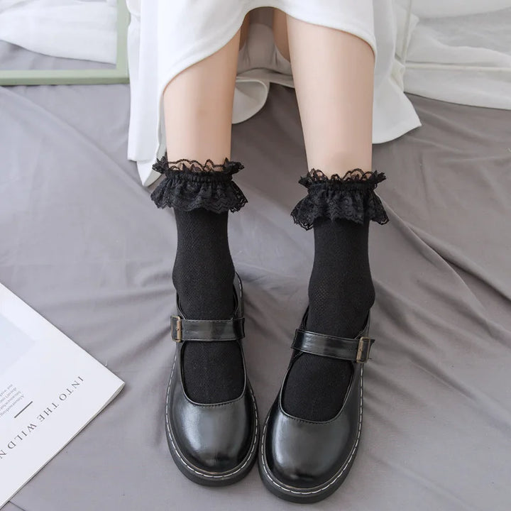 Meias femininas rendadas lolita jk estilo japonês branco preto sólido kawaii menina algodão bonito meias tornozelo para famale носки женские