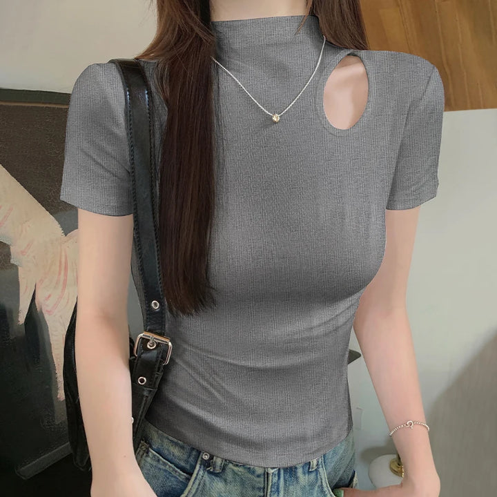 Camiseta de gola alta branca de manga curta feminina verão esqueleto malha tops femininos com fios elásticos respiráveis