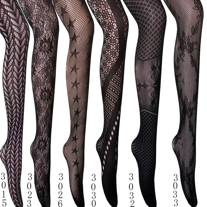 Meias-calças femininas sexy arrastão, trama jacquard, sem costura, fios, ligas, malha de peixe, meias pretas, aranha, renda gótica
