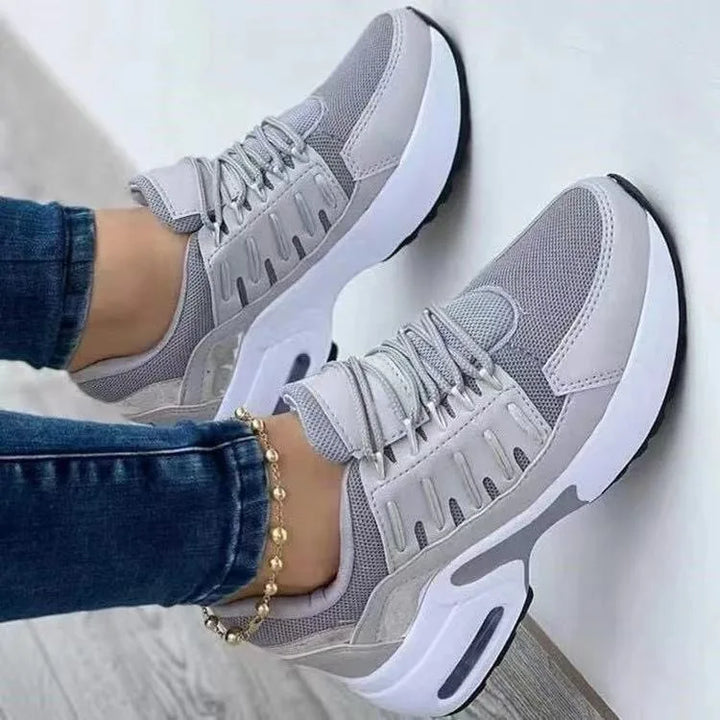 Sapatos femininos primavera e outono novos sapatos casuais respiráveis ​​de malha ao ar livre leves antiderrapantes salto cunha tênis de sola grossa
