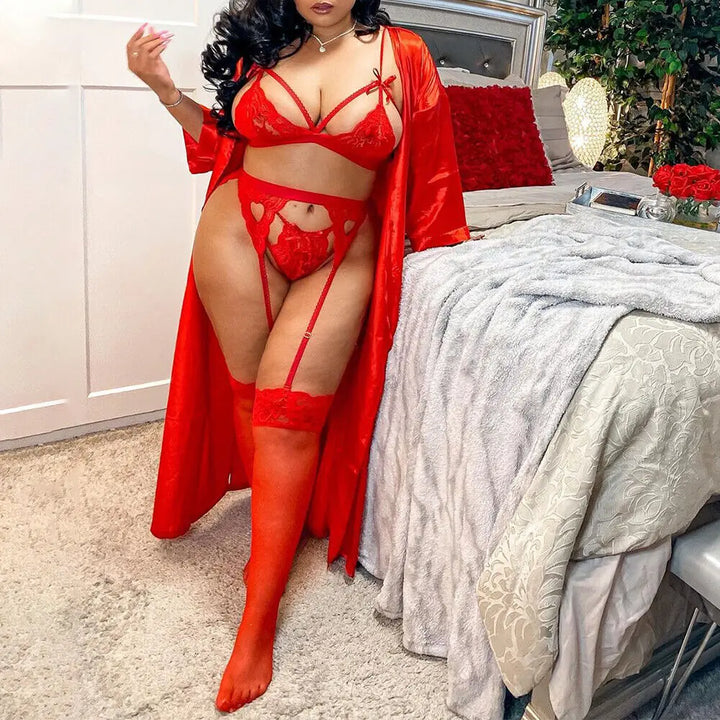 Lingerie sexy feminina sutiã de renda fio dental cinta-liga conjunto tanga roupa íntima roupas plus size 2023
