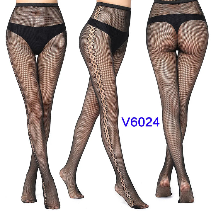 Meias-calças femininas sexy arrastão, trama jacquard, sem costura, fios, ligas, malha de peixe, meias pretas, aranha, renda gótica