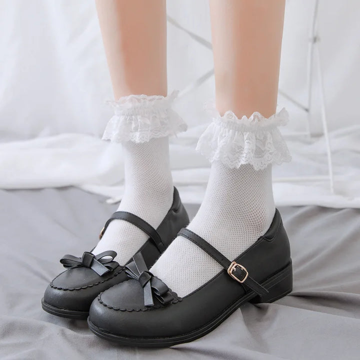 Meias femininas rendadas lolita jk estilo japonês branco preto sólido kawaii menina algodão bonito meias tornozelo para famale носки женские