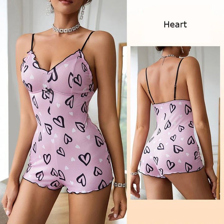 Pijama feminino, pijama de uma peça, estampa de lábios vermelhos, sem mangas, pijama curto, adulto, suspensórios com decote em V, pijama engraçado, body