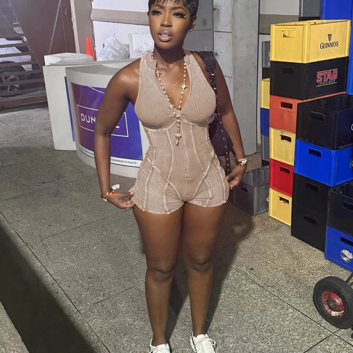Mulheres Ribbed 1 Peça Macacão 2025 Verão Casual Lavado Retro Playsuits Roupas de Rua Sexy V Neck Sem Mangas Bodycon Macacões