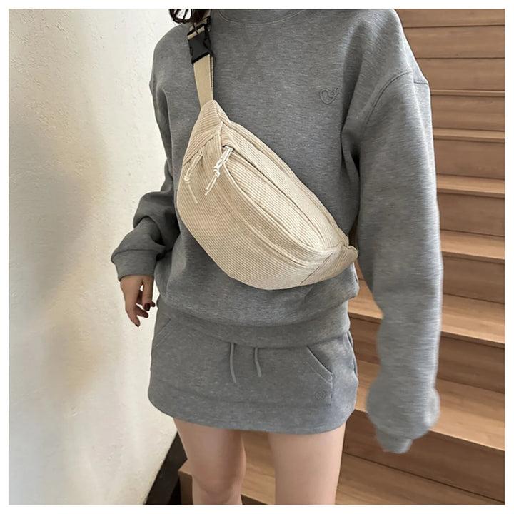 Bolsa de cintura feminina, bolsa de ombro transversal, bolsa de veludo cotelê, bolsa de peito de nicho, bolsa de cinto de banana, bolsa feminina
