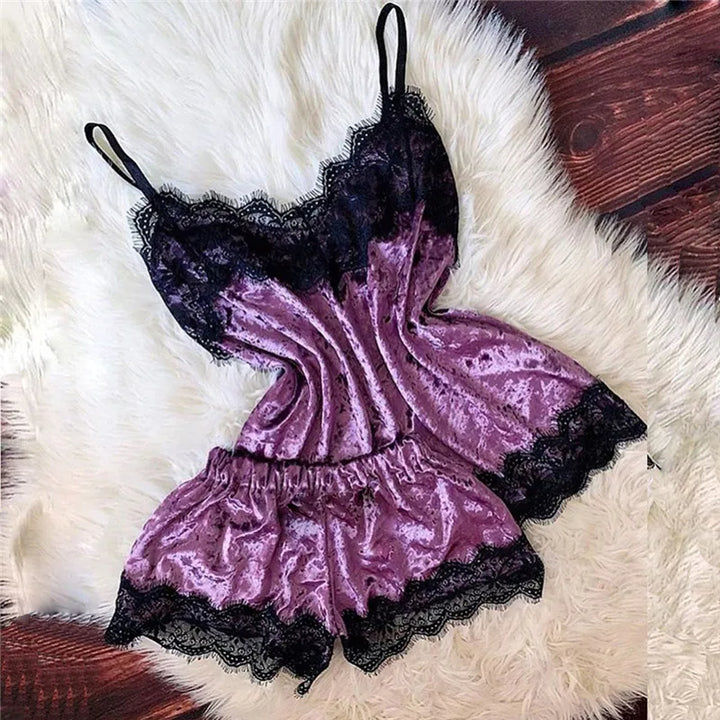 Pijama feminino, moda, decote em V, cetim elástico, babydoll, renda, lingerie sexy, laço, pijama, shorts, conjunto de 2 peças, roupa de dormir