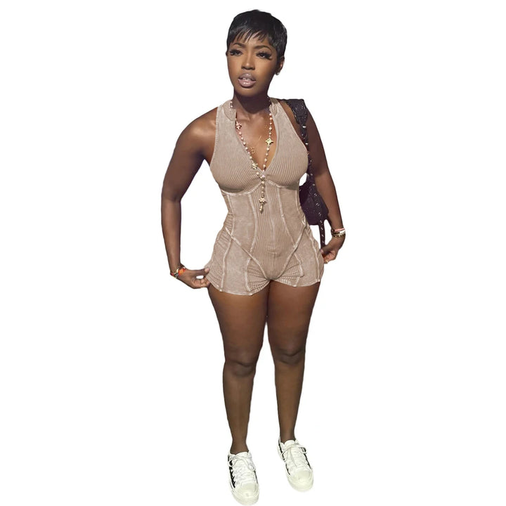 Mulheres Ribbed 1 Peça Macacão 2025 Verão Casual Lavado Retro Playsuits Roupas de Rua Sexy V Neck Sem Mangas Bodycon Macacões
