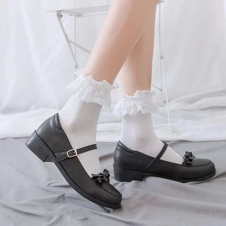 Meias femininas rendadas lolita jk estilo japonês branco preto sólido kawaii menina algodão bonito meias tornozelo para famale носки женские