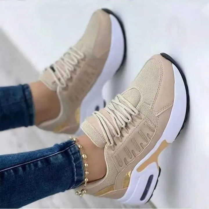 Sapatos femininos primavera e outono novos sapatos casuais respiráveis ​​de malha ao ar livre leves antiderrapantes salto cunha tênis de sola grossa