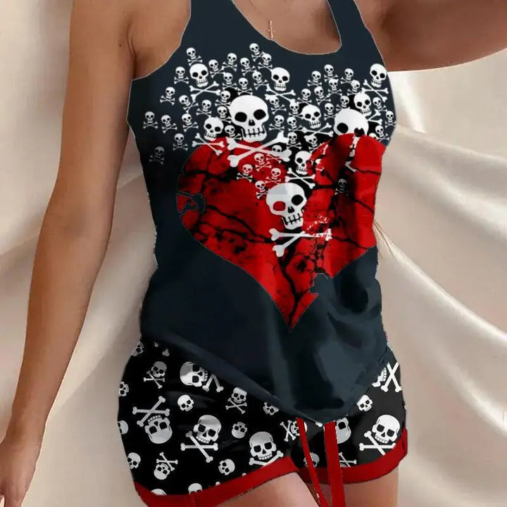Pijama feminino 2 peças Halloween caveira mãos estampa casual decote em U sem mangas top e cordão acima do joelho pijamas conjunto 2022 verão