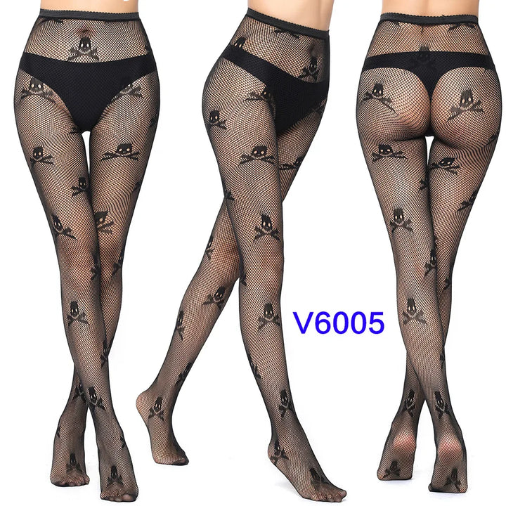 Meias-calças femininas sexy arrastão, trama jacquard, sem costura, fios, ligas, malha de peixe, meias pretas, aranha, renda gótica
