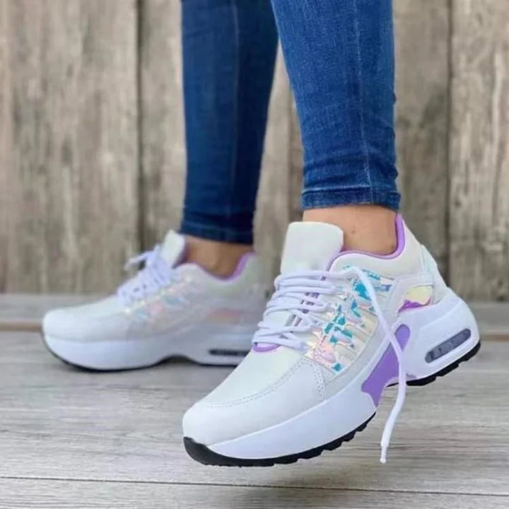 Sapatos femininos primavera e outono novos sapatos casuais respiráveis ​​de malha ao ar livre leves antiderrapantes salto cunha tênis de sola grossa