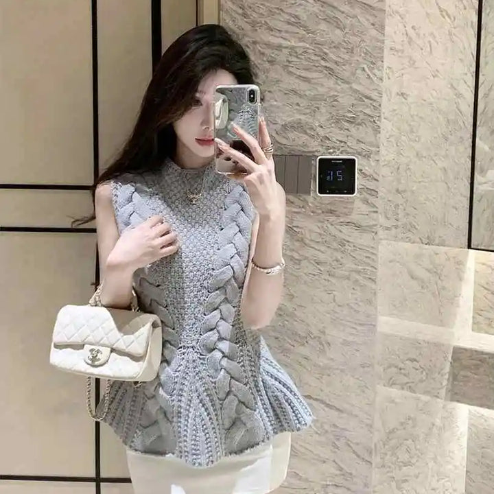 Colete feminino de malha sem mangas, cintura cingida, mini saia, design, primavera, outono, casual, solto, cor sólida, top
