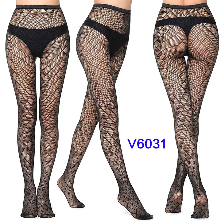 Meias-calças femininas sexy arrastão, trama jacquard, sem costura, fios, ligas, malha de peixe, meias pretas, aranha, renda gótica