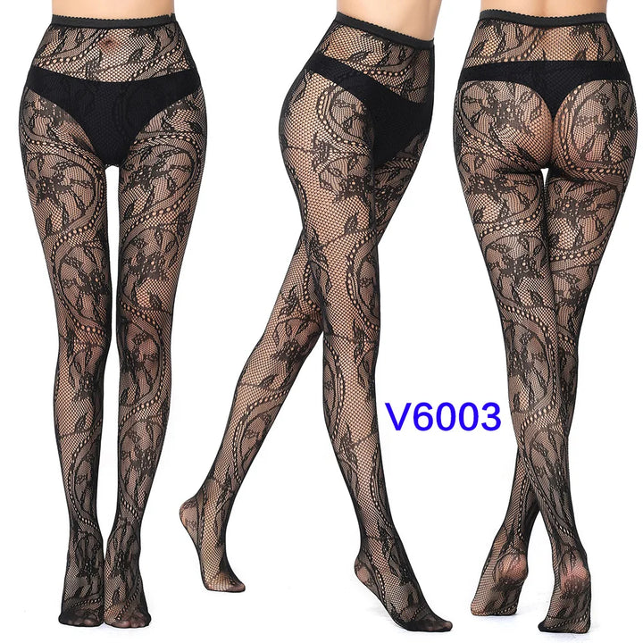 Meias-calças femininas sexy arrastão, trama jacquard, sem costura, fios, ligas, malha de peixe, meias pretas, aranha, renda gótica