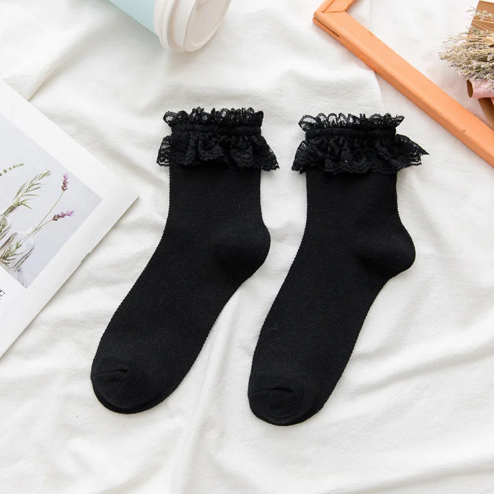 Meias femininas rendadas lolita jk estilo japonês branco preto sólido kawaii menina algodão bonito meias tornozelo para famale носки женские