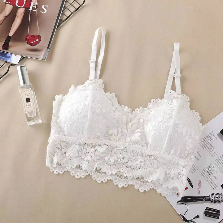 Sutiãs de renda com flores femininos, top confortável, bralette, cor sólida, roupa íntima sexy, colete, feminino, vazado, lingerie sem fio, sutiã sem costura