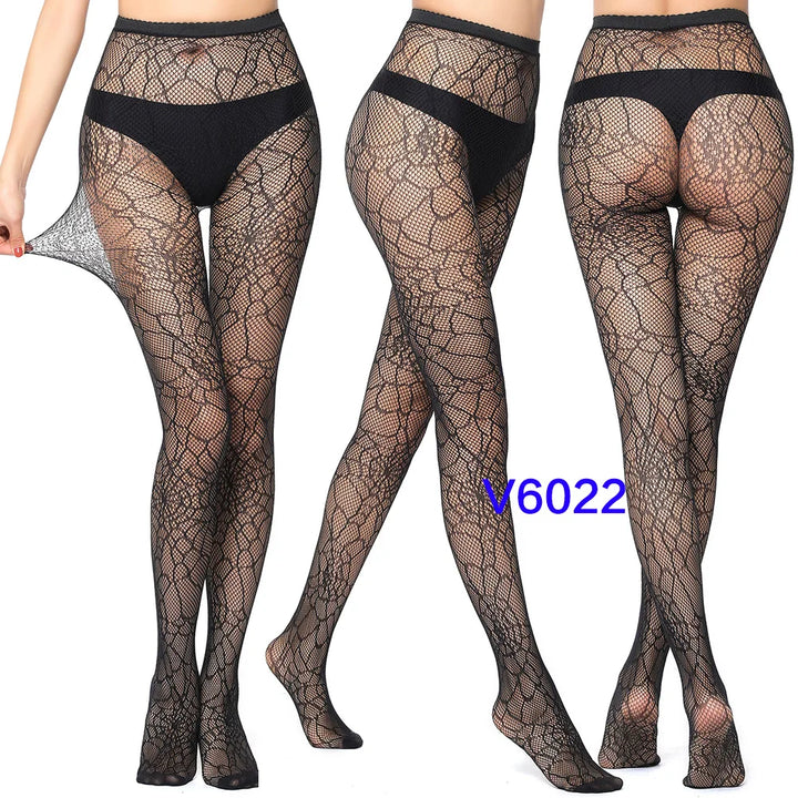 Meias-calças femininas sexy arrastão, trama jacquard, sem costura, fios, ligas, malha de peixe, meias pretas, aranha, renda gótica