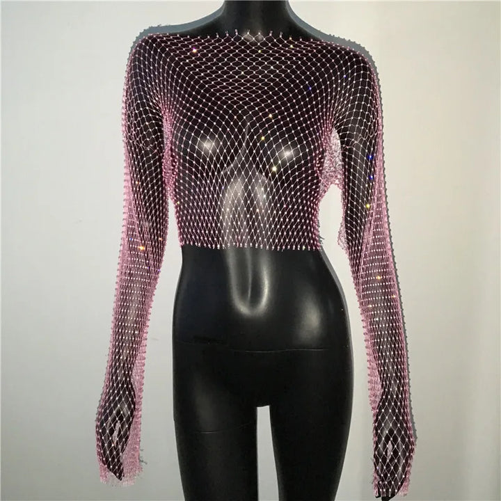 Camiseta feminina sexy de malha transparente com strass brilhante, arrastão, top curto com manga comprida, saída de praia, regata para festa e clube