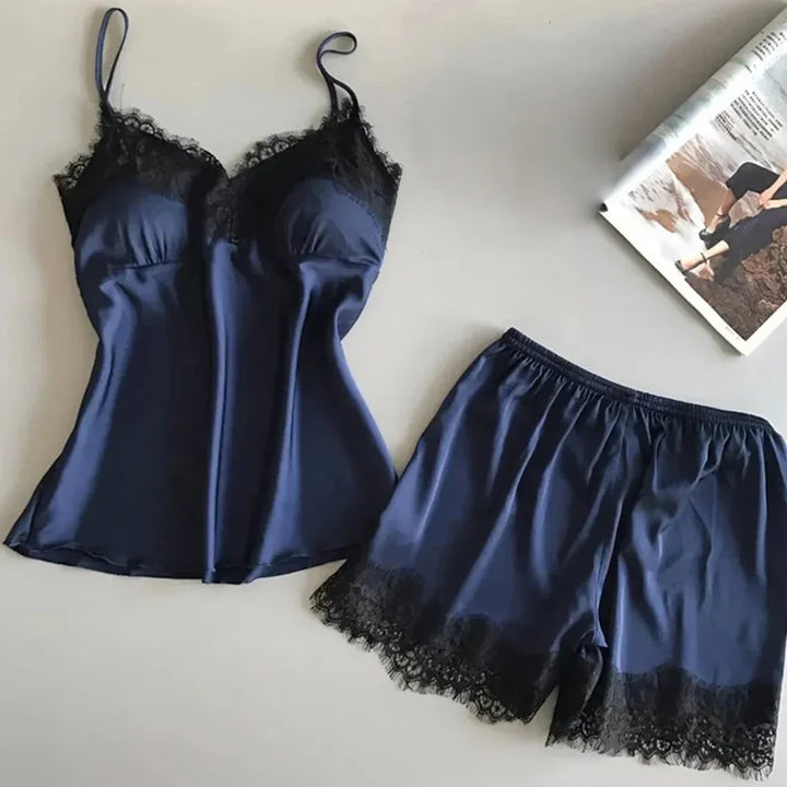 Pijama feminino sexy de seda gelada, conjunto de pijamas com decote em V e renda de cetim elástico, lingerie de seda, conjunto de shorts para dormir sem enchimento