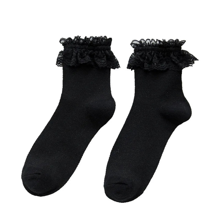 Meias femininas rendadas lolita jk estilo japonês branco preto sólido kawaii menina algodão bonito meias tornozelo para famale носки женские