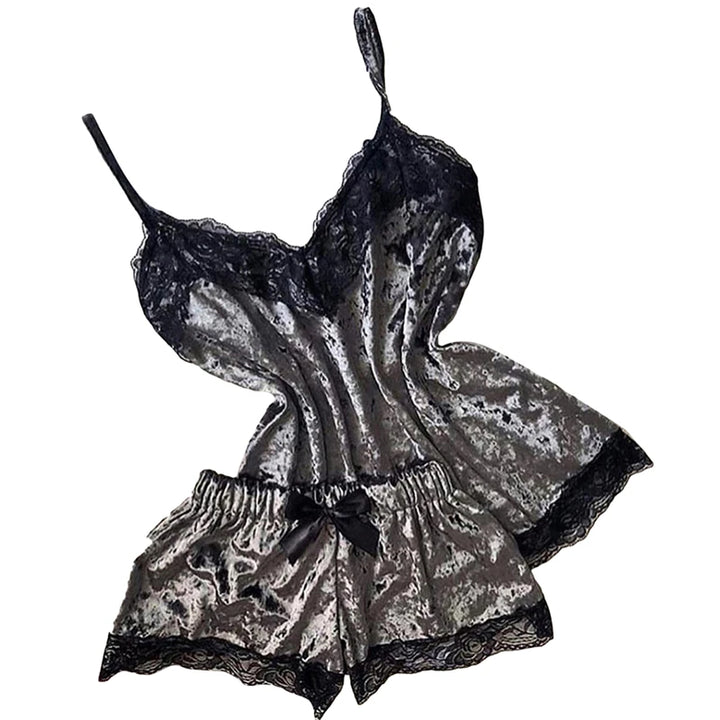 Pijama feminino, moda, decote em V, cetim elástico, babydoll, renda, lingerie sexy, laço, pijama, shorts, conjunto de 2 peças, roupa de dormir