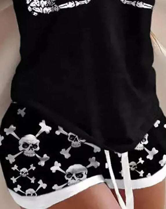 Pijama feminino 2 peças Halloween caveira mãos estampa casual decote em U sem mangas top e cordão acima do joelho pijamas conjunto 2022 verão