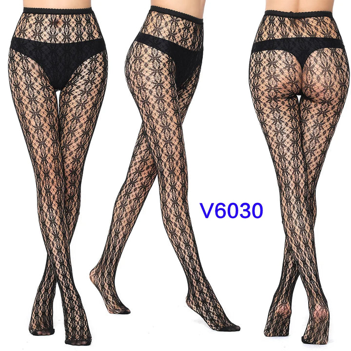 Meias-calças femininas sexy arrastão, trama jacquard, sem costura, fios, ligas, malha de peixe, meias pretas, aranha, renda gótica