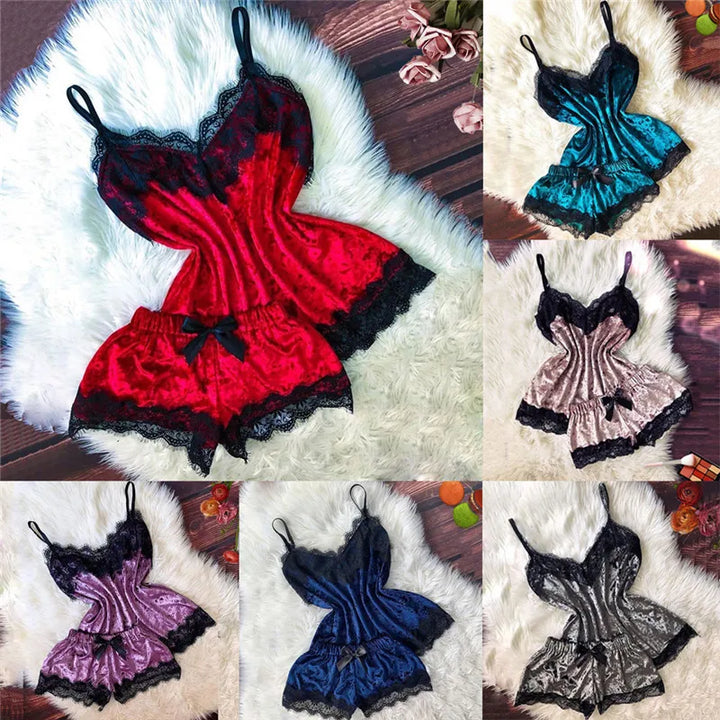 Pijama feminino, moda, decote em V, cetim elástico, babydoll, renda, lingerie sexy, laço, pijama, shorts, conjunto de 2 peças, roupa de dormir