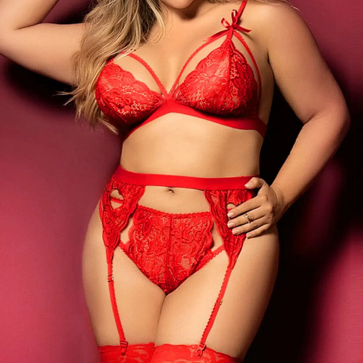 Lingerie sexy feminina sutiã de renda fio dental cinta-liga conjunto tanga roupa íntima roupas plus size 2023