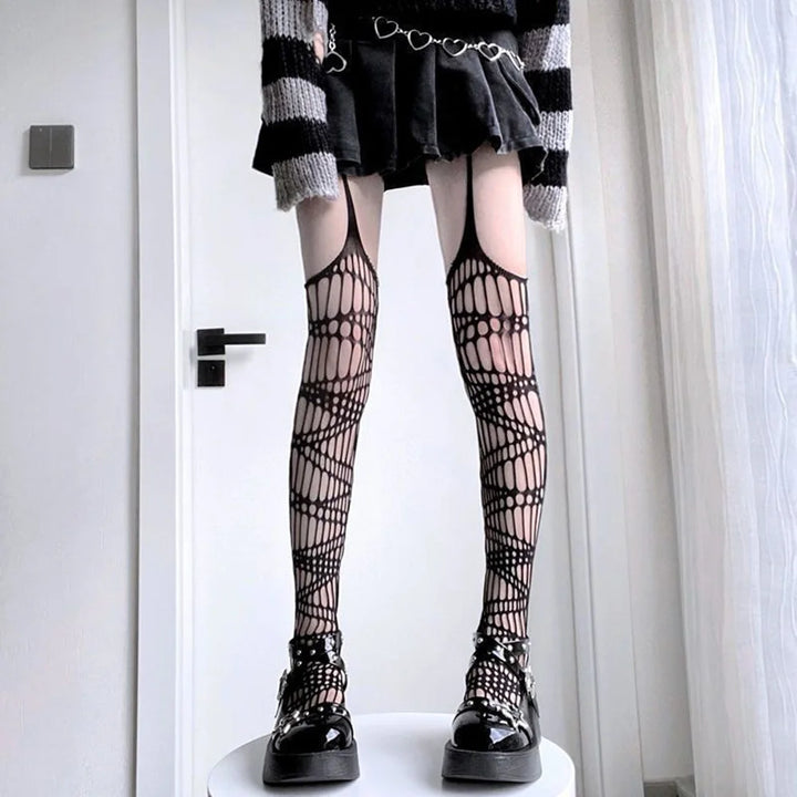 Meias femininas sensuais de malha alta na coxa, meias de malha JK Lolita Punk, para meninas, meias arrastão ocas, meia-calça de nylon Y2K