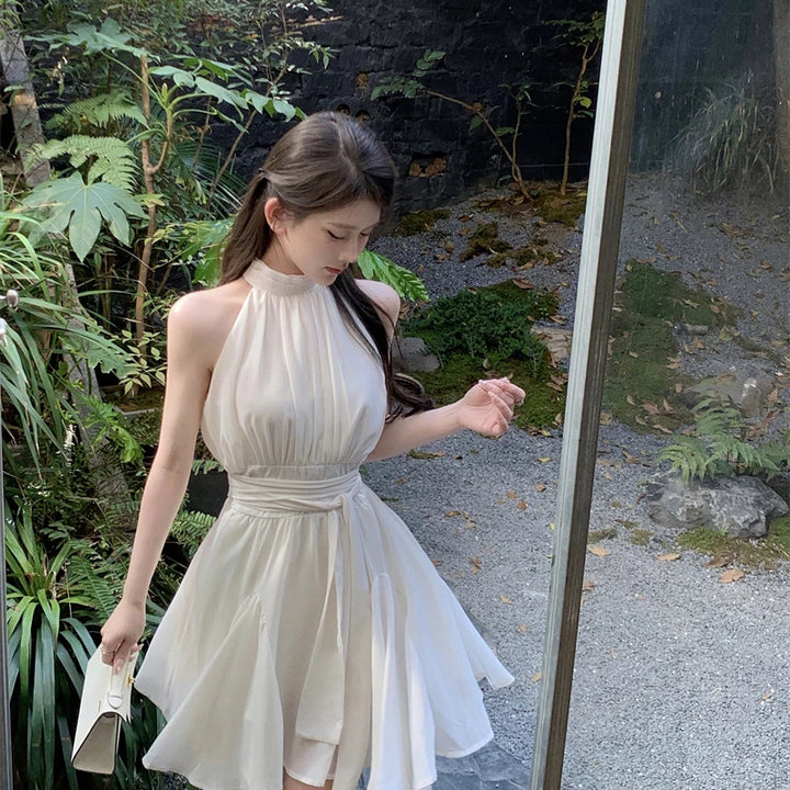 Vestido feminino de chiffon sem mangas e cintura alta, gola alta, manga sino, saia midi, formato X, primavera/outono, manga comprida