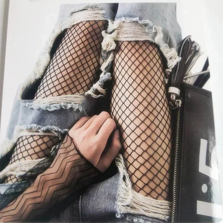 Meias arrastão de cintura alta sexy femininas, meia-calça de malha, meia-calça de malha, jeans rasgado, meias longas, lingerie quente